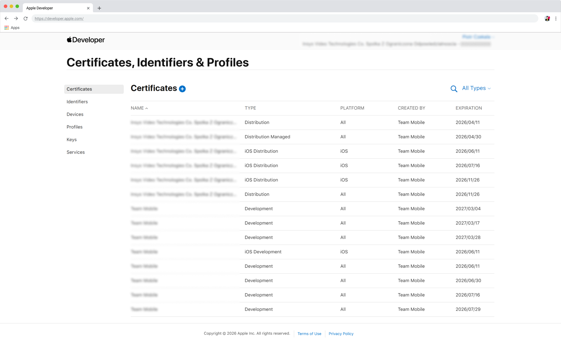 Apple Developer: Certificates list