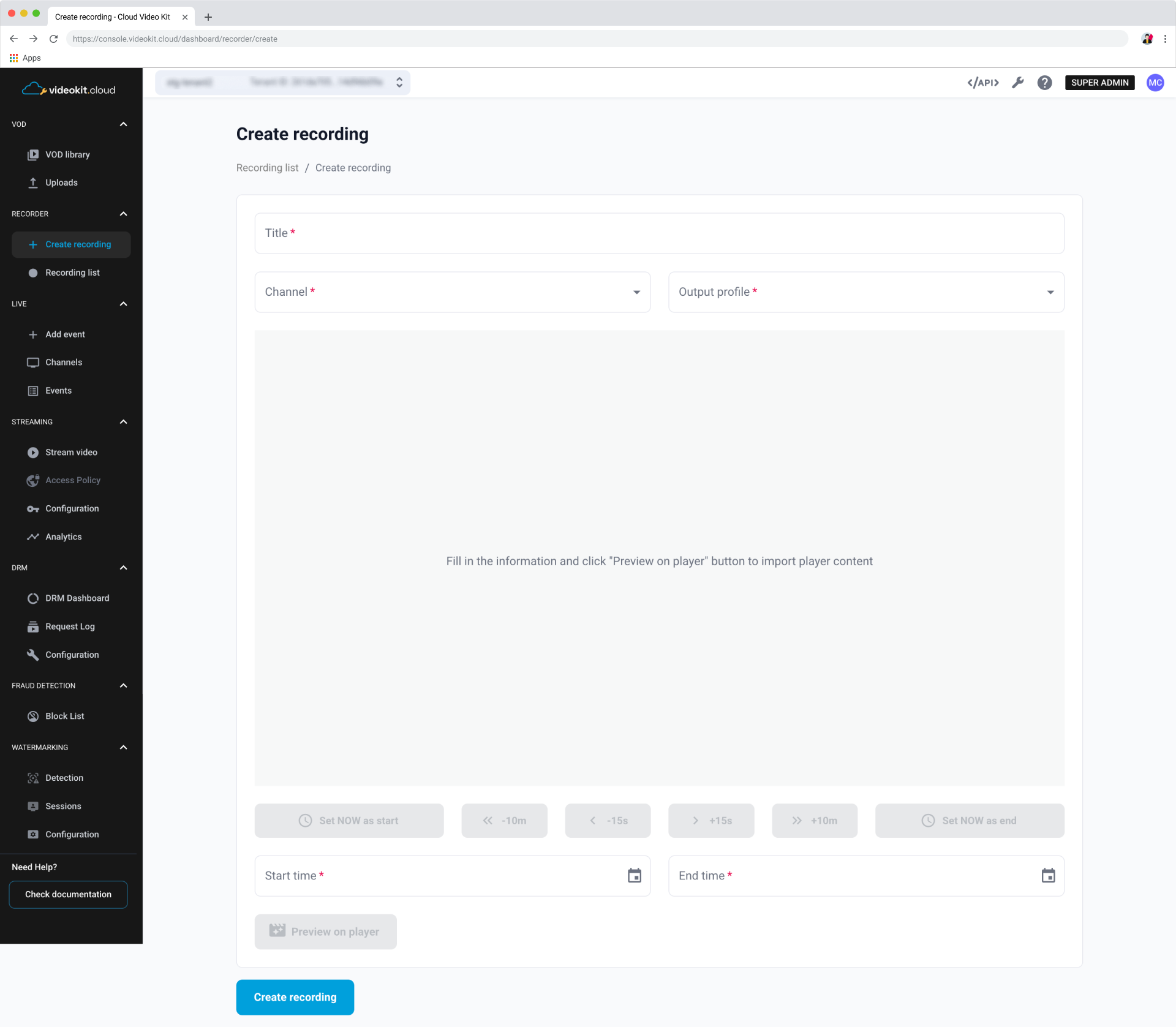 Create Recording Page