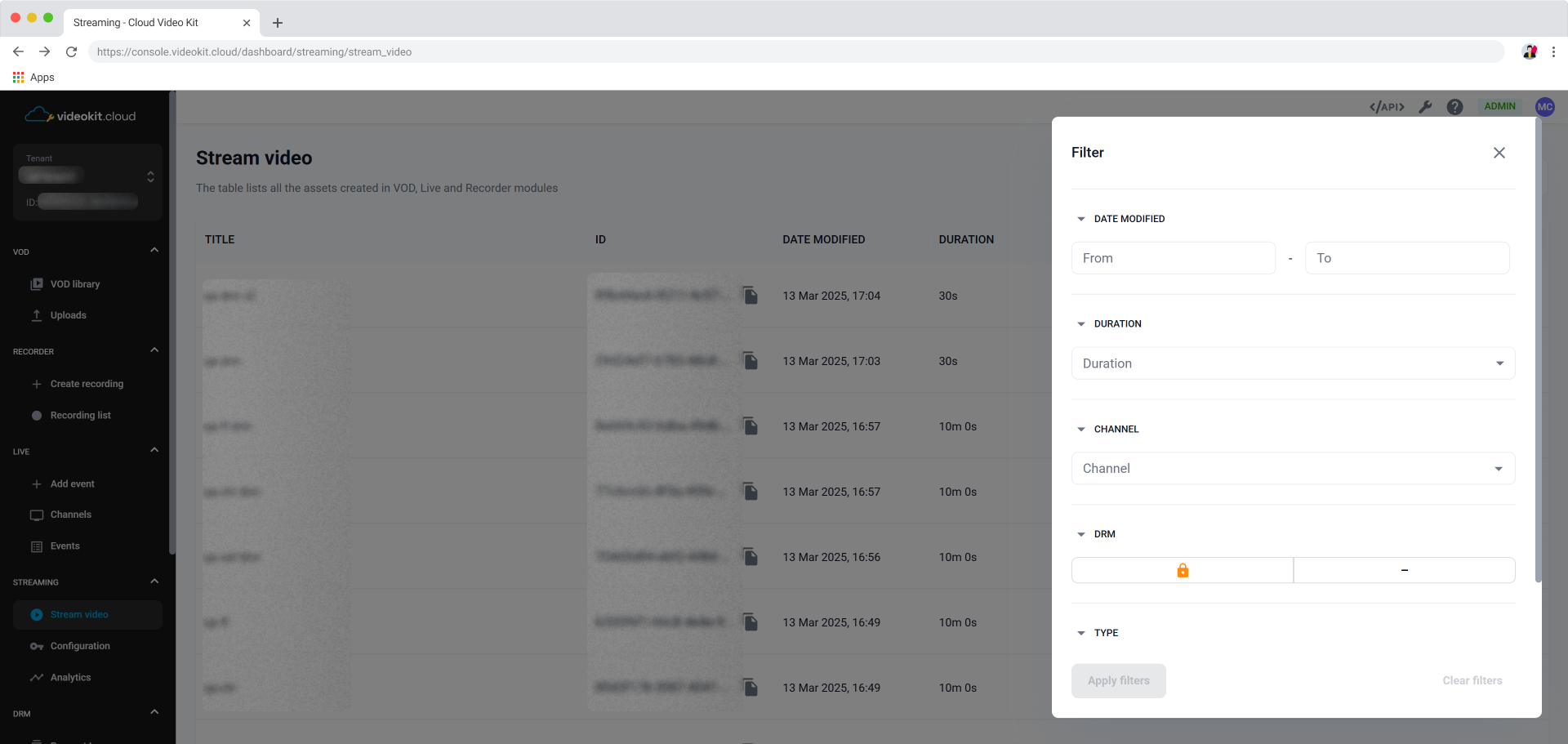 Stream Video Assets List Filter