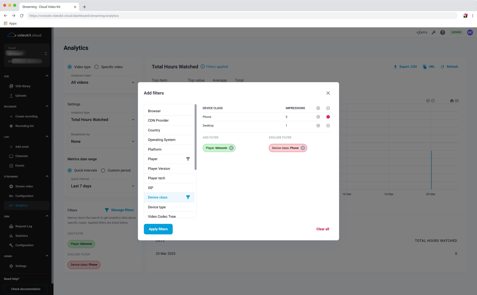 Streaming Analytics Filters