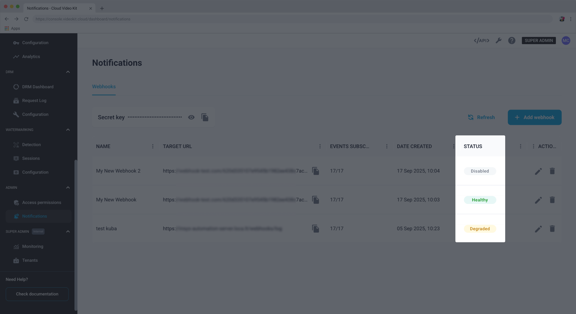 Webhooks List Status