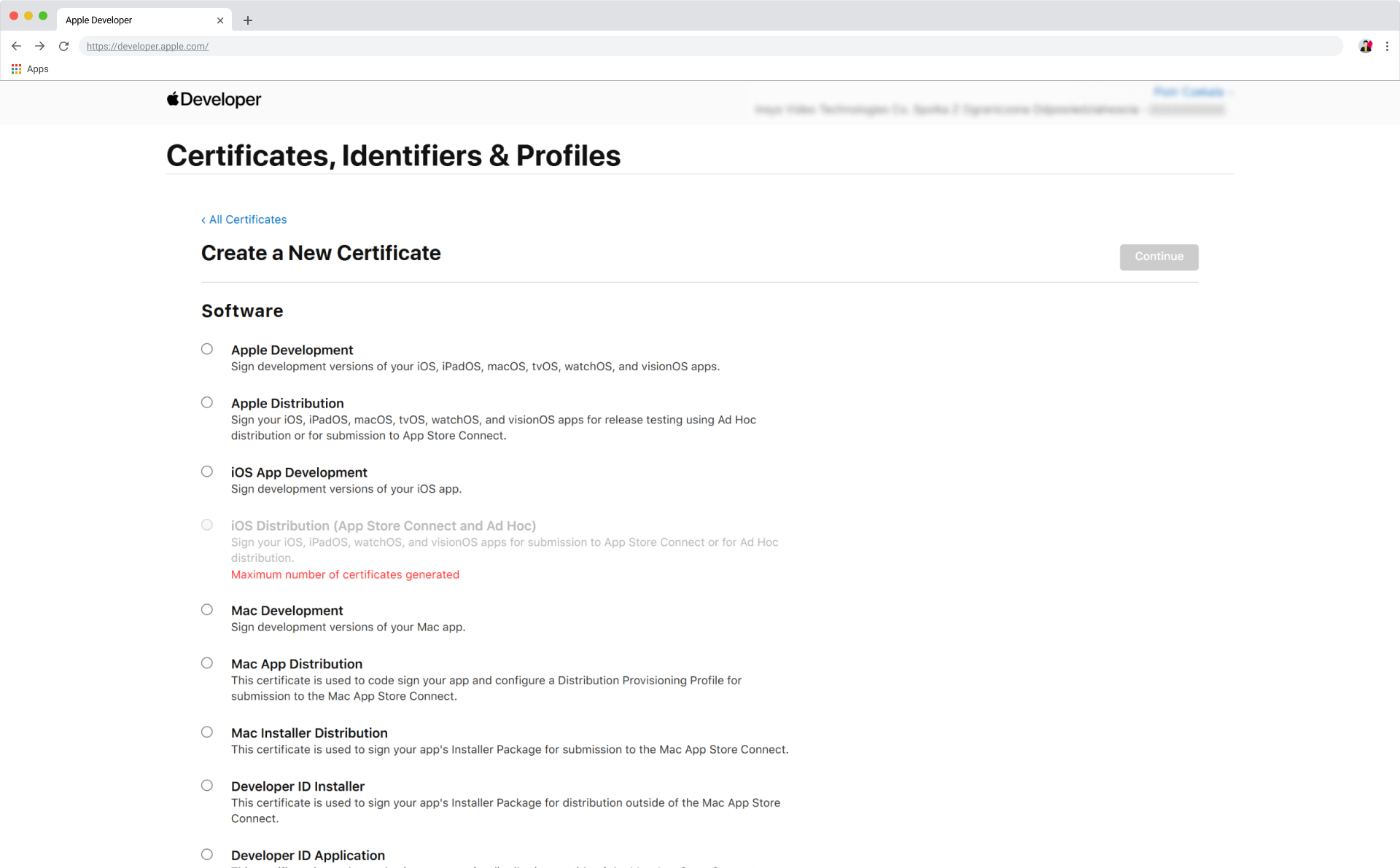 Apple Developer: Create certificate — certificate types