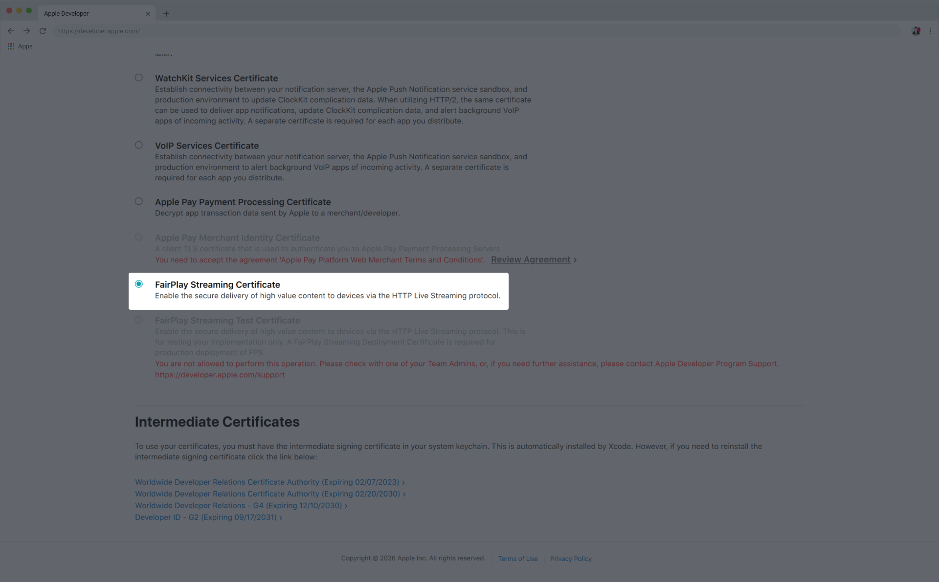 Apple Developer: Create certificate — FairPlay Streaming