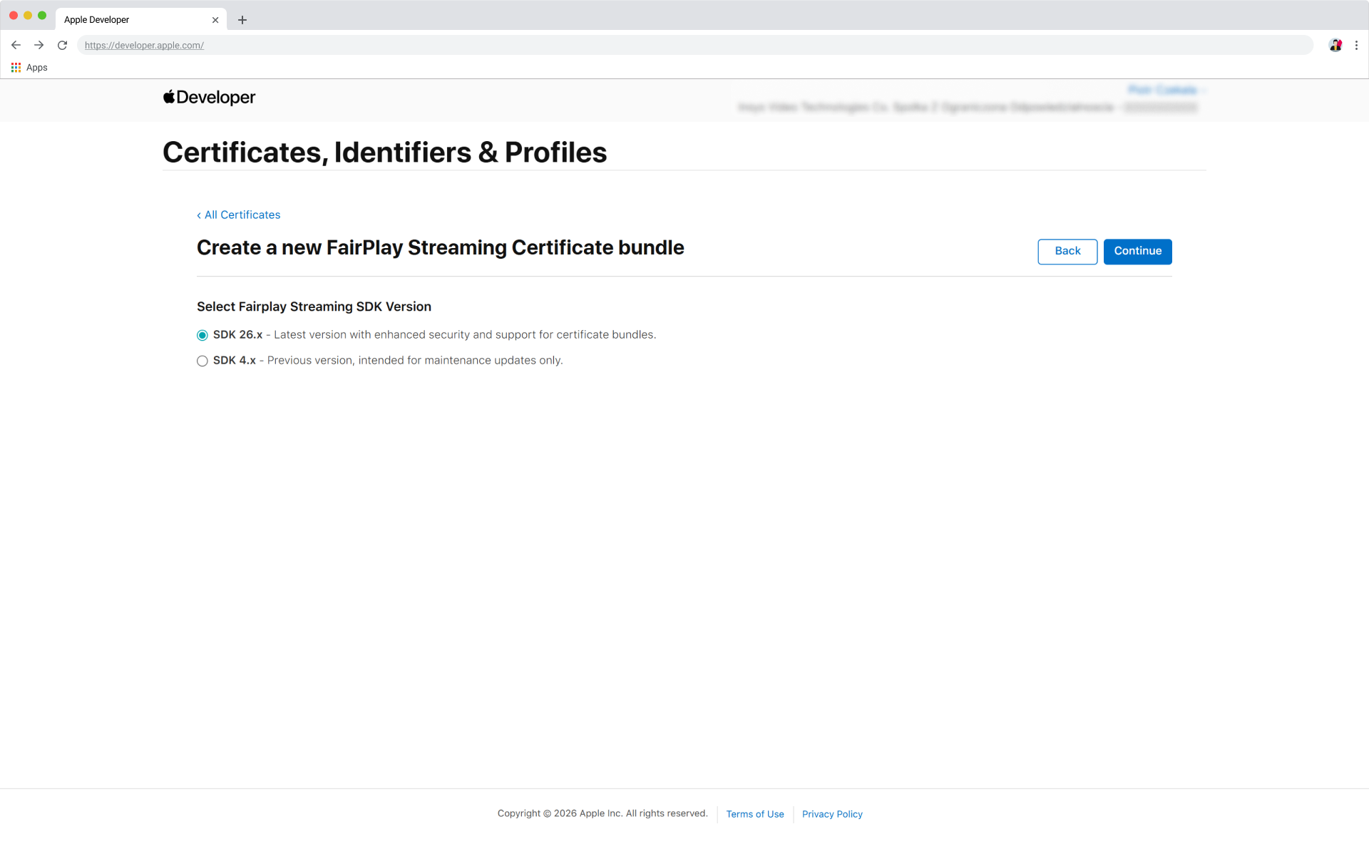 Apple Developer: Create certificate — SDK selection