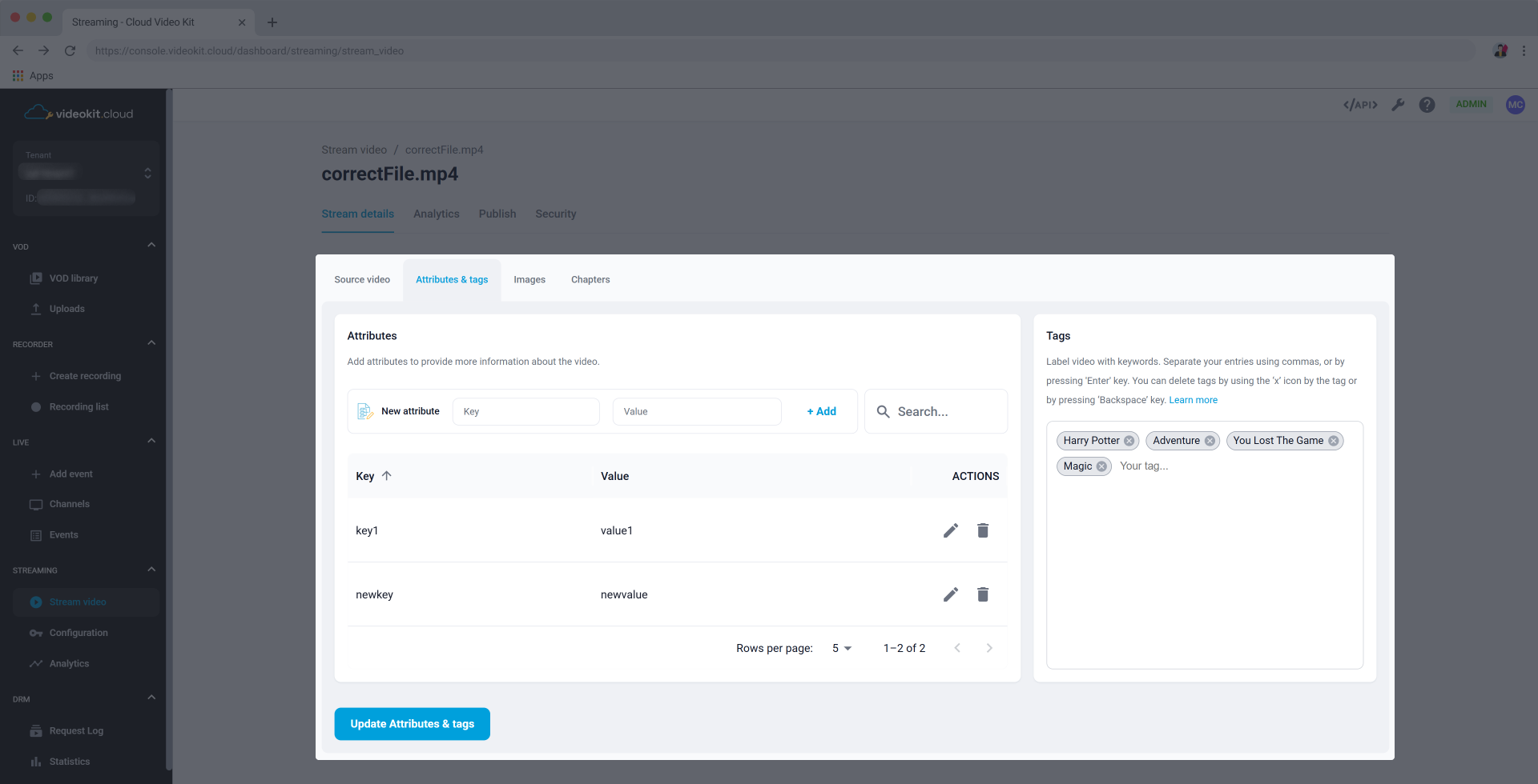 Stream Video Details Attributes &amp; Tags