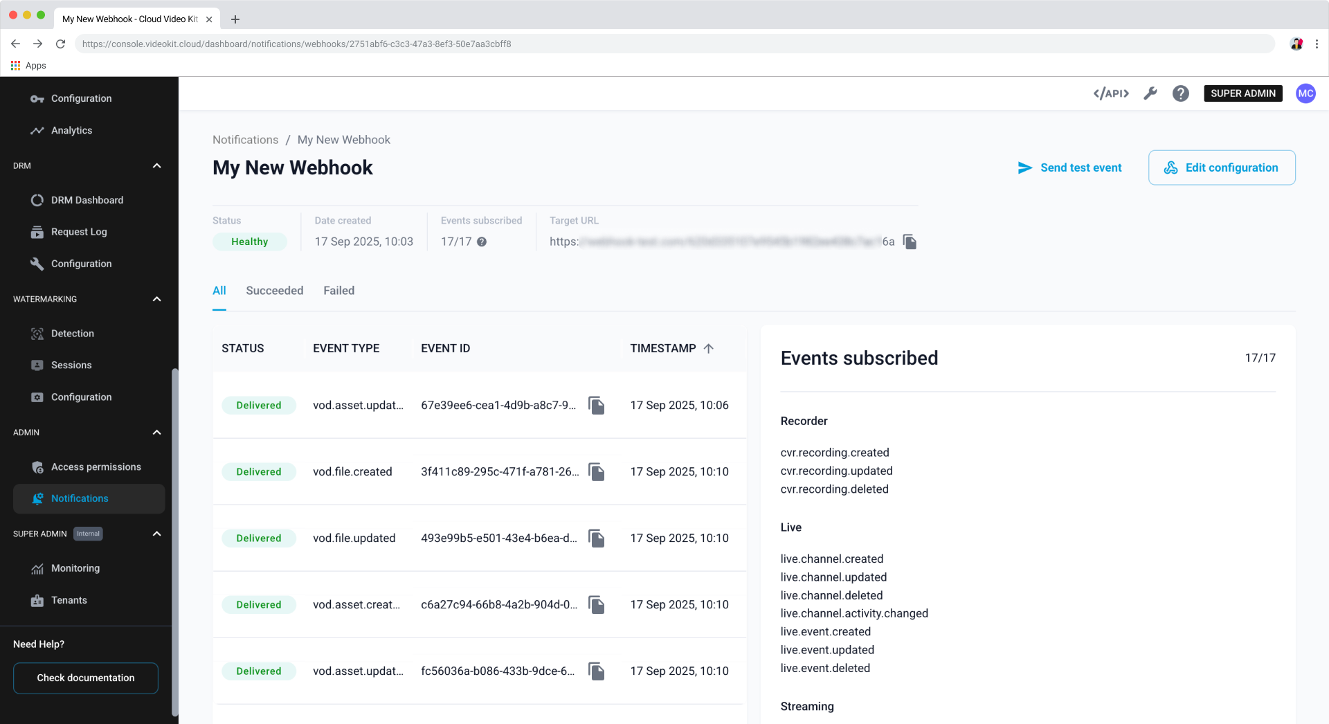 Webhook details page