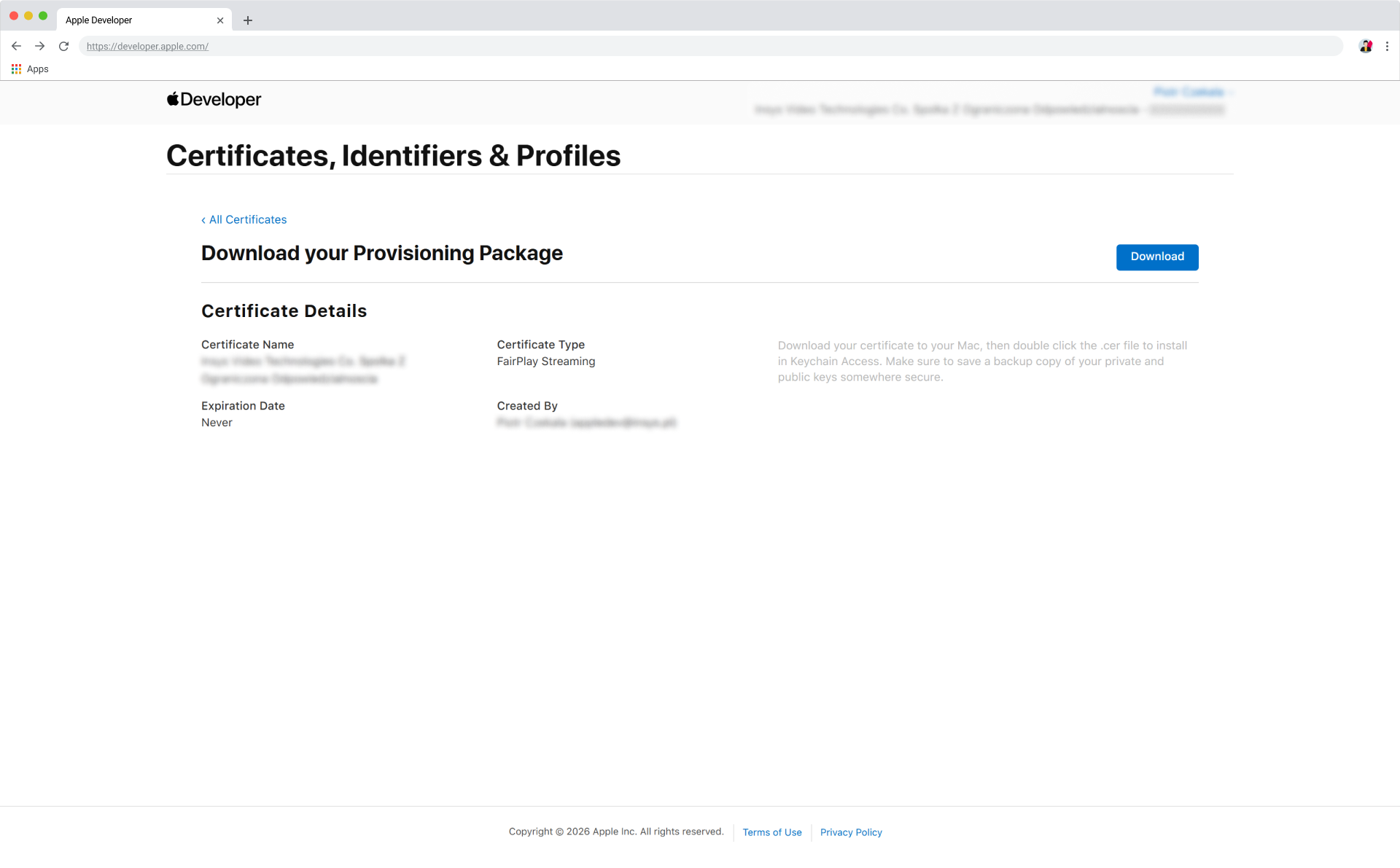 Apple Developer: Download FairPlay certificate bundle