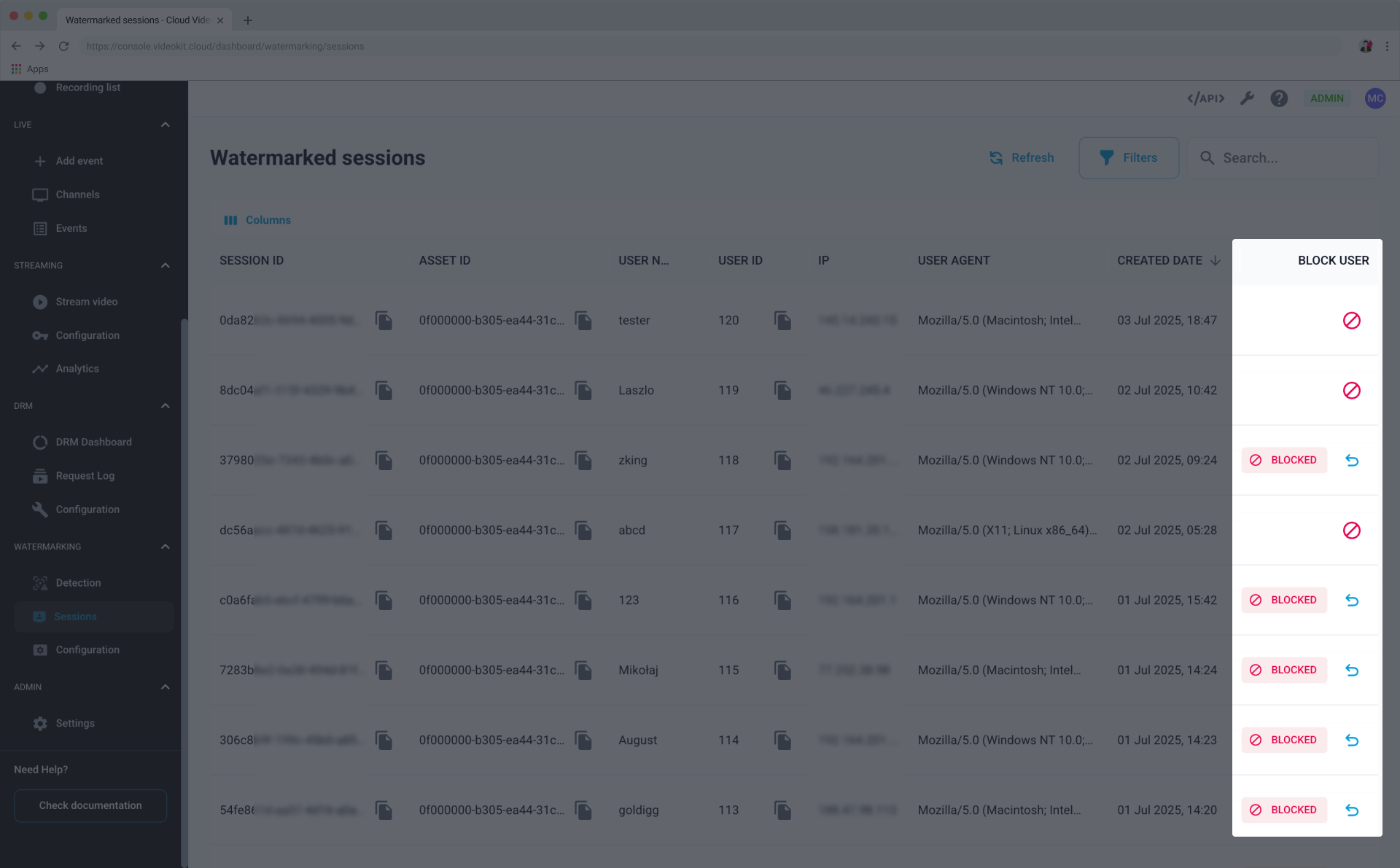 Watermarking Sessions Action Buttons