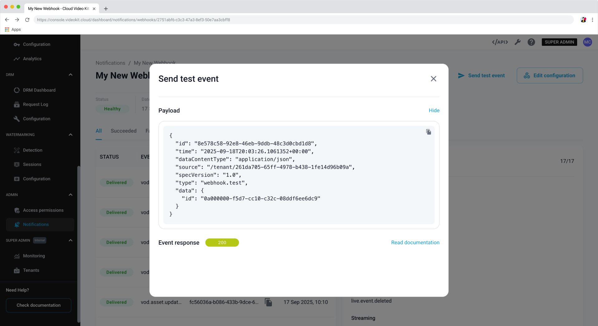 Send test event modal