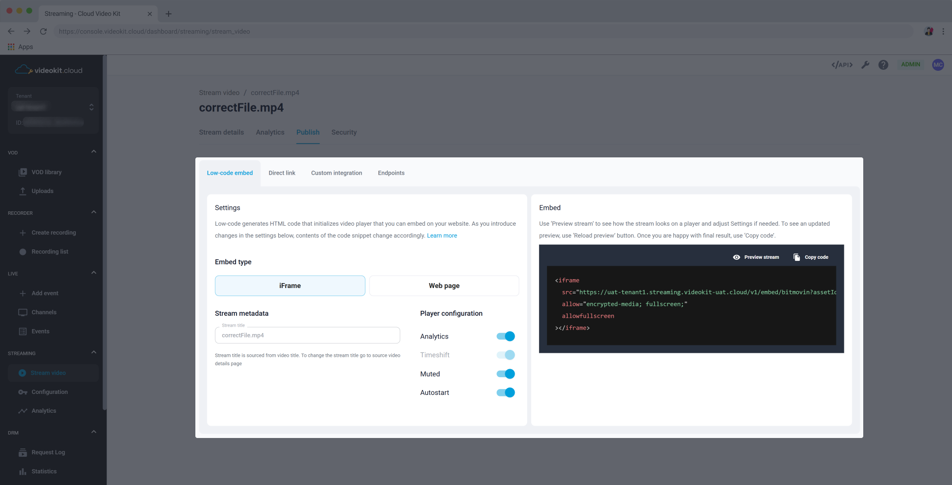 Stream Video Details Publish Low-code Embed iFrame