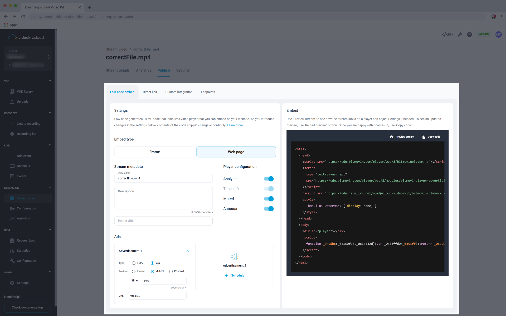 Stream Video Details Publish Low-code Embed Web Page