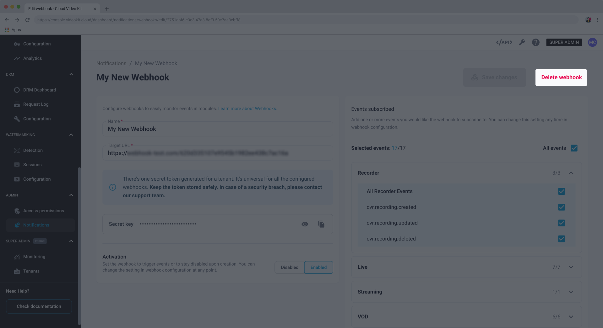 Delete webhook button
