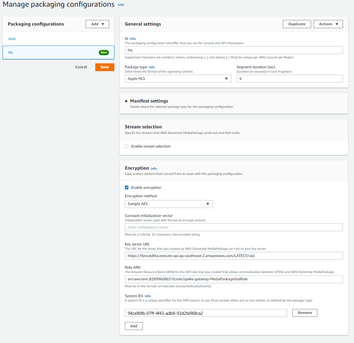 Manage Packaging Configuration Dash HLS
