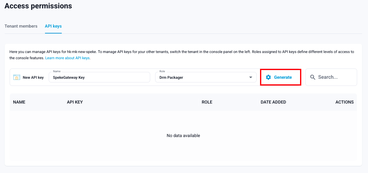 Generate an X-API-KEY with the DRM Packager role