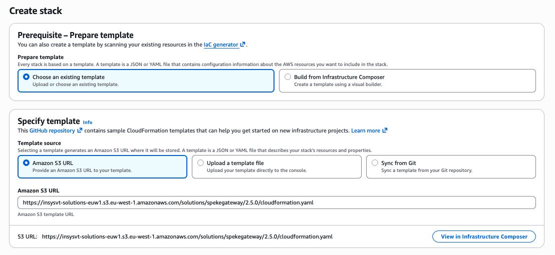 Specify the Amazon S3 template URL
